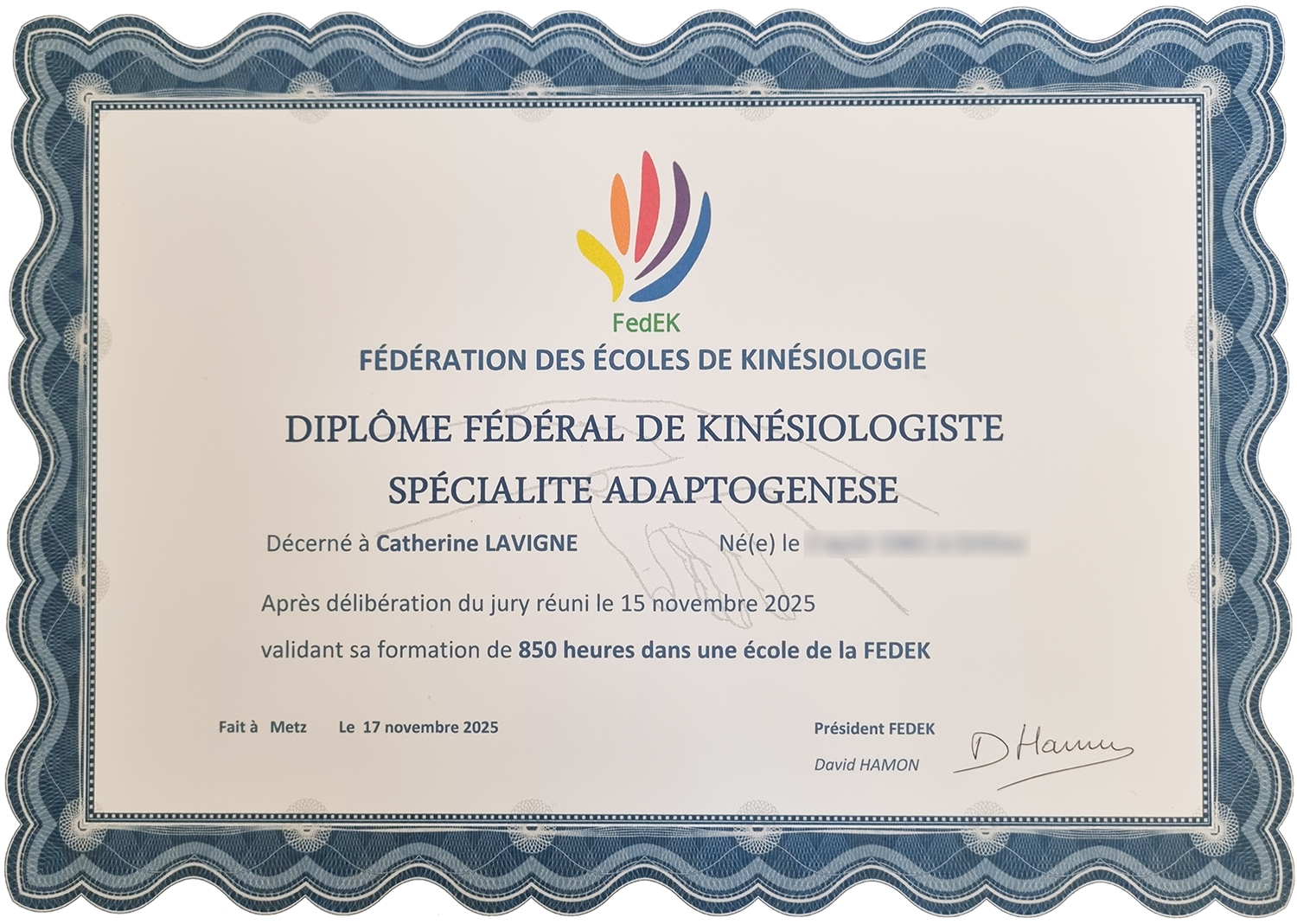 Diplôme FEDEK - Catherine Lavigne